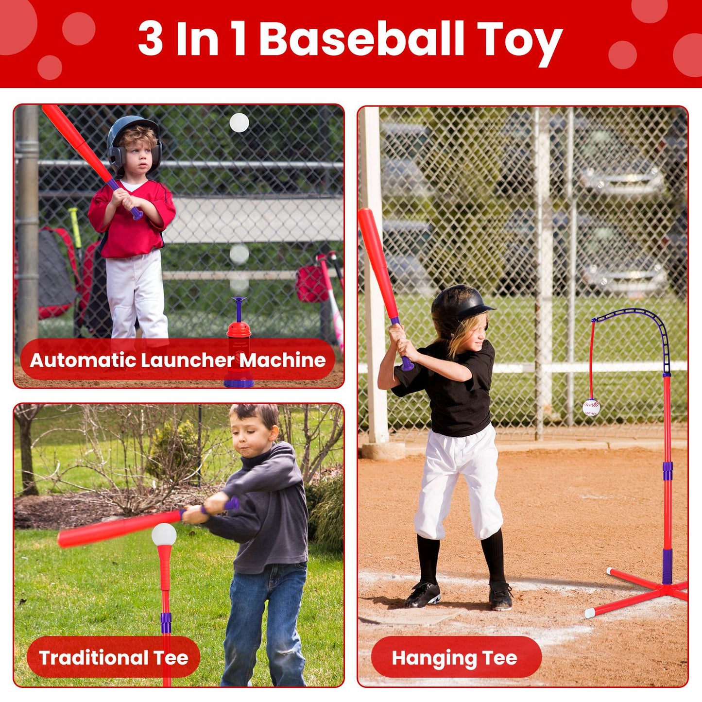 3-in-1 Baseball Toy Set with Adjustable Height