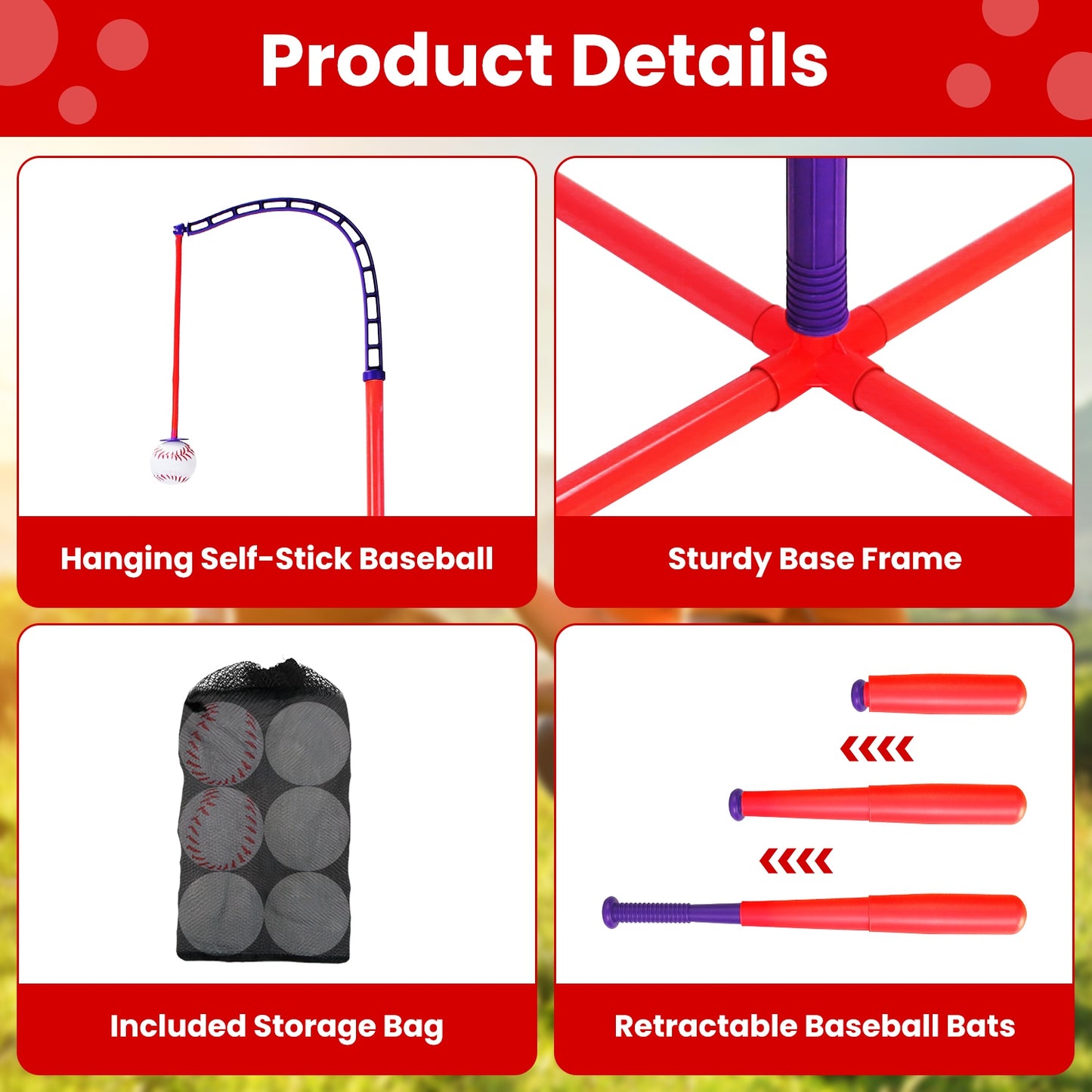 3-in-1 Baseball Toy Set with Adjustable Height