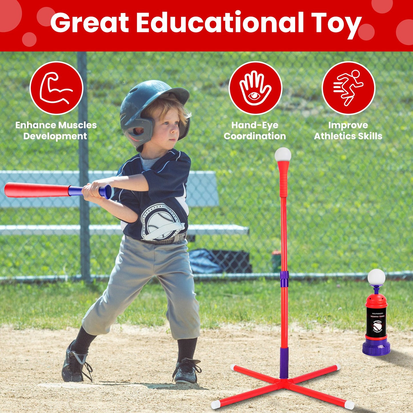 3-in-1 Baseball Toy Set with Adjustable Height